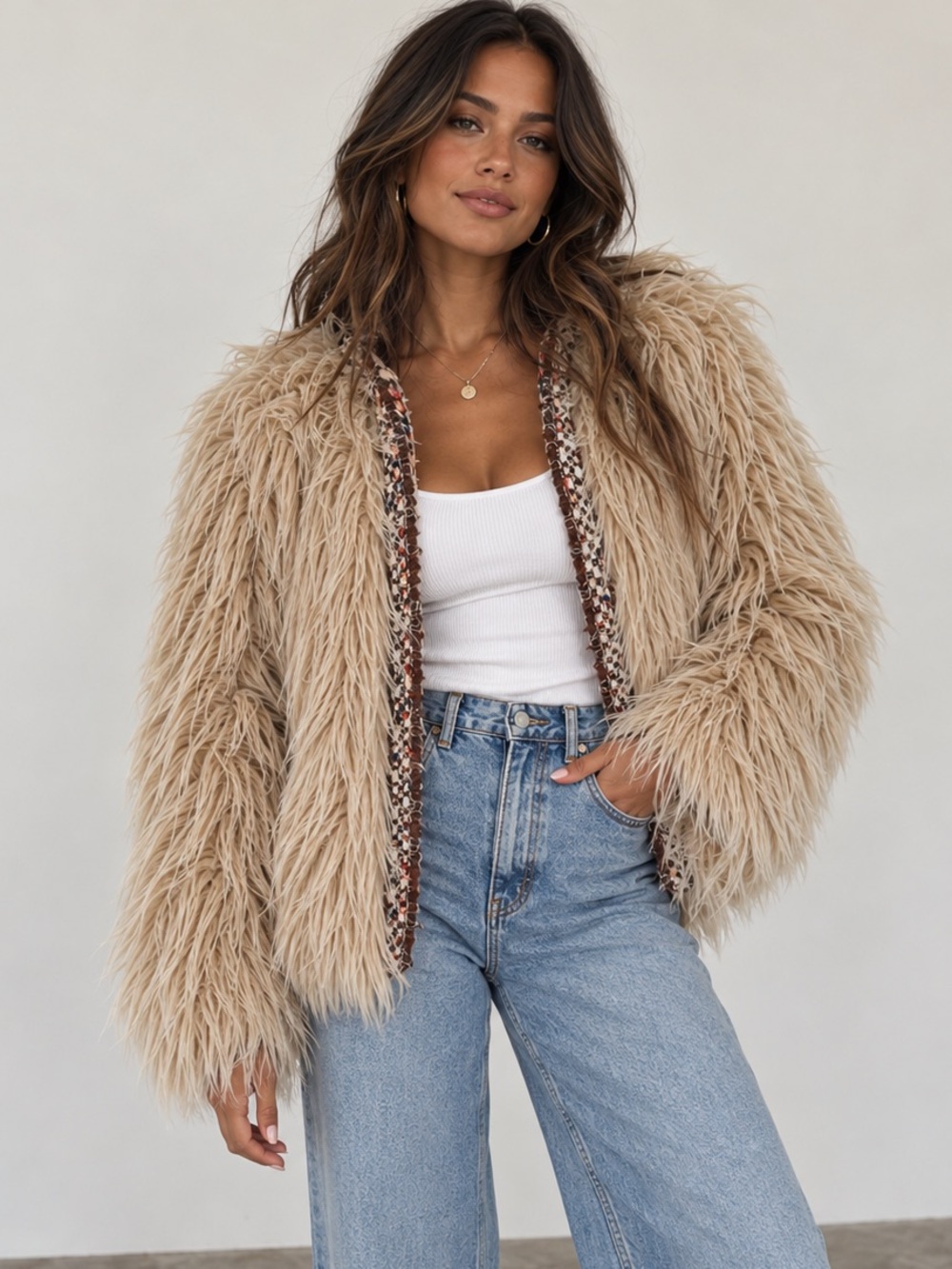 Zara Beige Shag Faux Fur Teddy Jacket